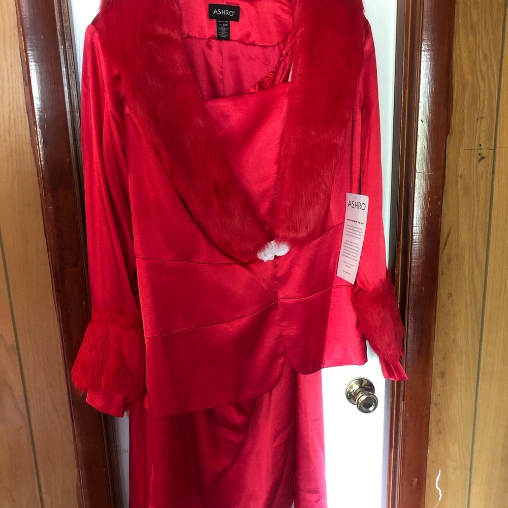 Red Pant Suit with Genuine Fox Fur